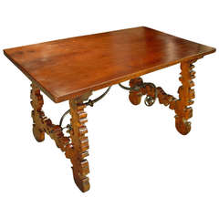 Antique Italian Walnut Wood Center Table with a Wrought Iron Stretcher