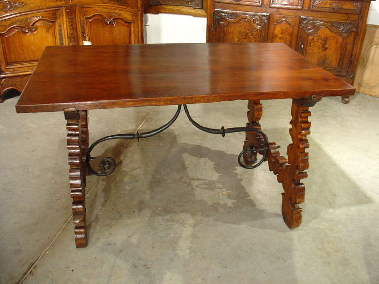Antique Italian Walnut Wood Center Table with a Wrought Iron Stretcher