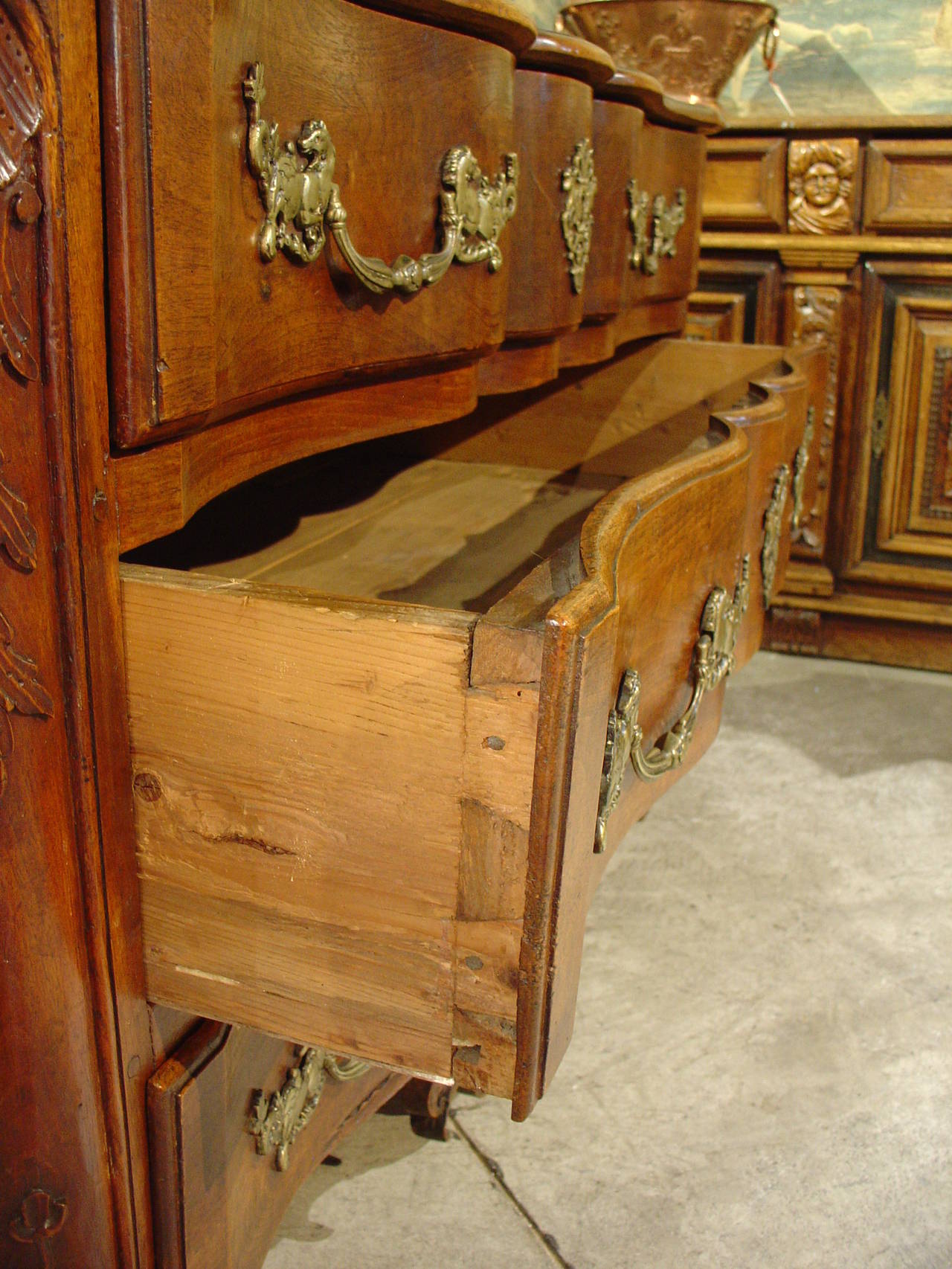 French 18th Century Crossbow Commode with Period Bronze Horse Hardware In Good Condition In Dallas, TX