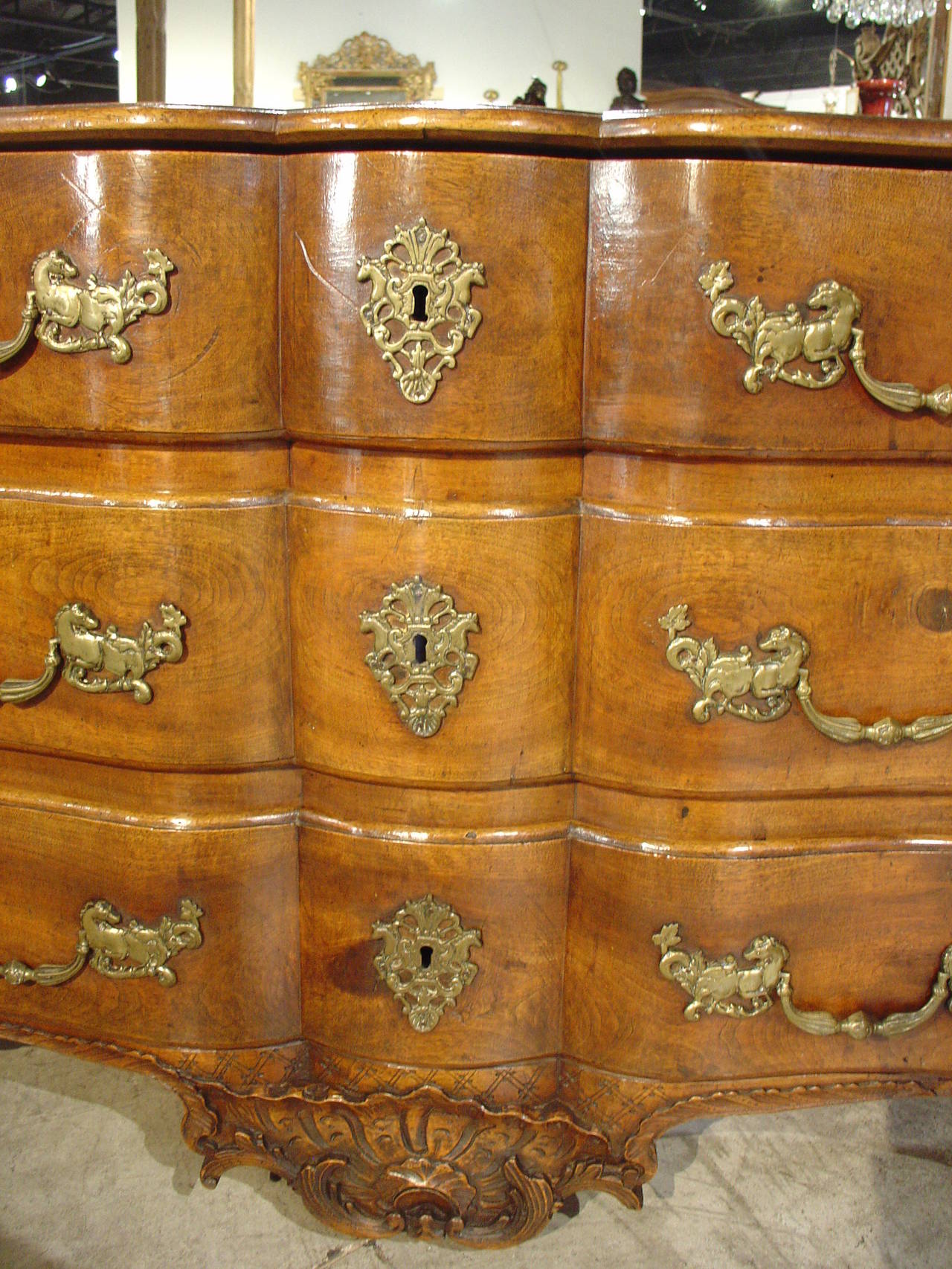 Carved French 18th Century Crossbow Commode with Period Bronze Horse Hardware