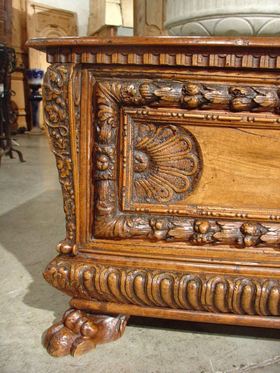 The cassone (coffre or trunk) was an Italian innovation during the 16th C., principally in Florence.   It featured various hand carved motifs from nature, animal origin, human origin and more.  Often the plinths were gadrooned lobed motifs with paw