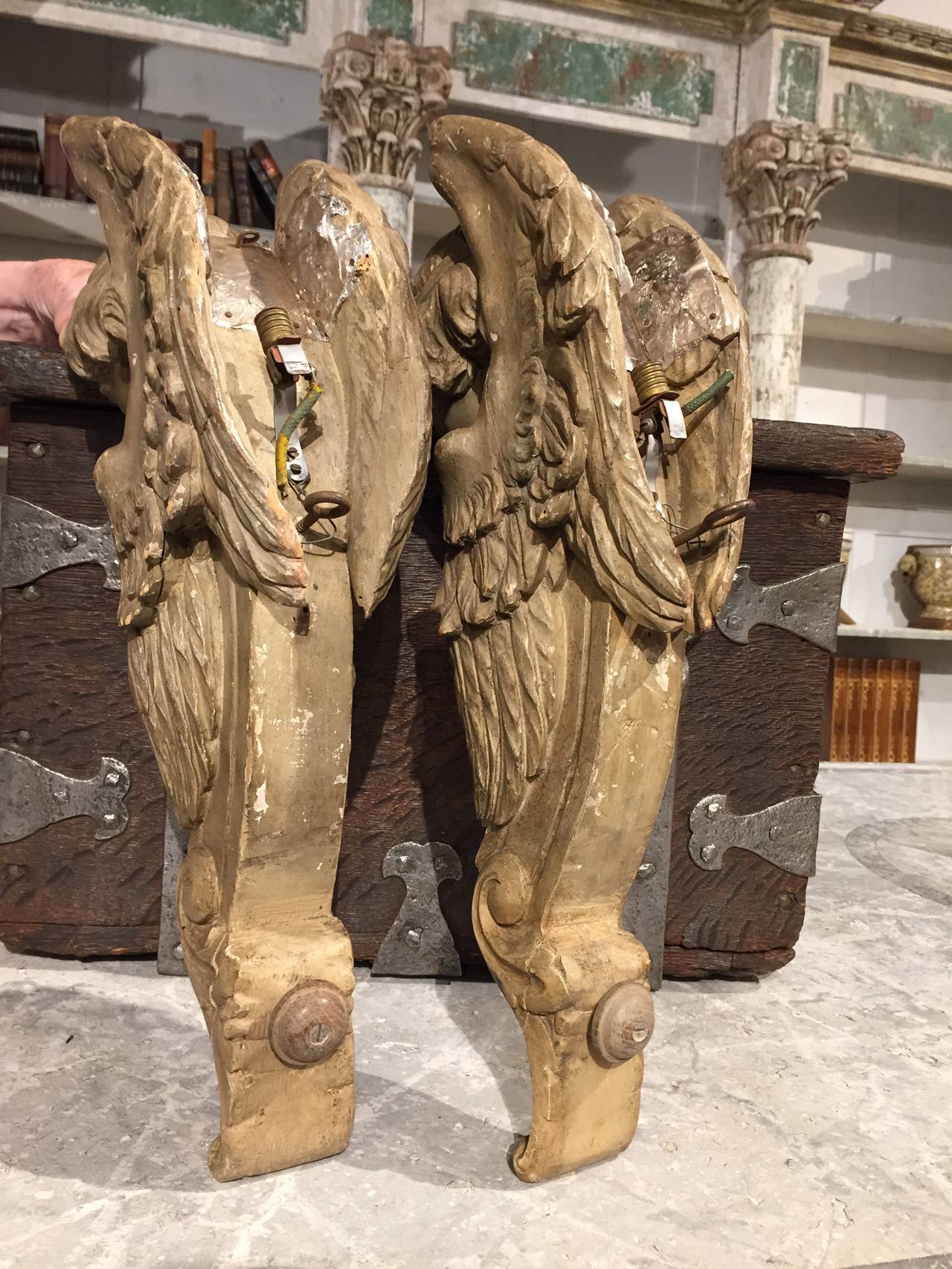 Pair of Antique French Carved and Painted Wooden Angel Sconces 5