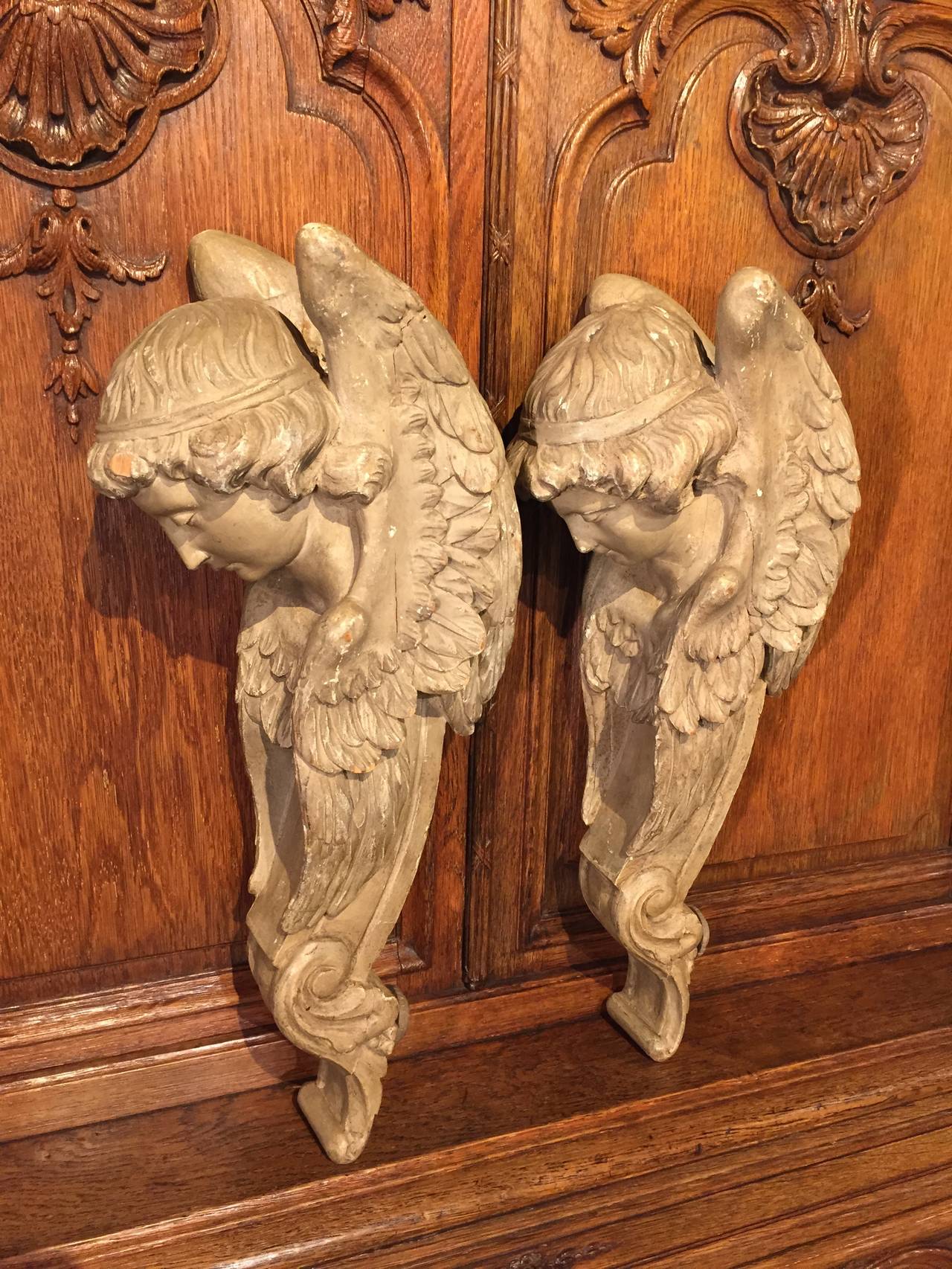 Pair of Antique French Carved and Painted Wooden Angel Sconces 4