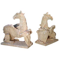 Vintage Pair of Patinated Griffin Statues from France