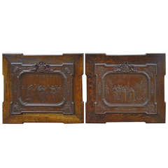 Pair of Large Antique Oak and Copper Repousse Plaques