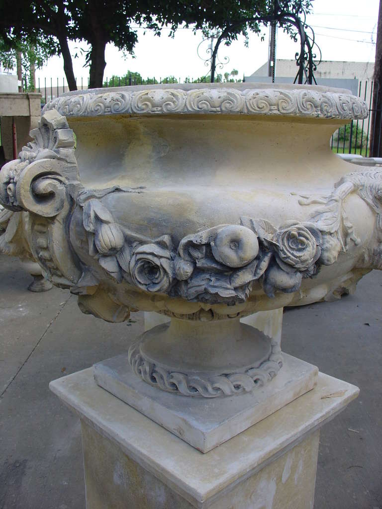 Pair of French Lion Urns on Pedestals 2