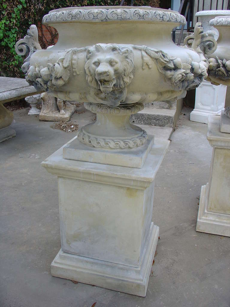 Pair of French Lion Urns on Pedestals 5