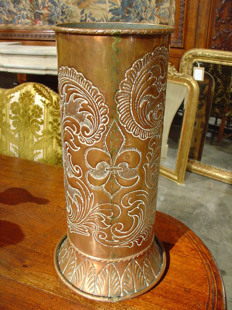 Antique Repousse and Incised Copper Umbrella Holder In Good Condition In Dallas, TX