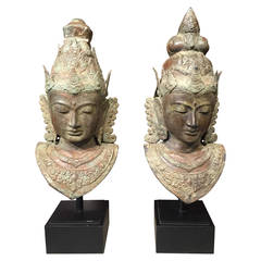 Pair of Southeast Asian Mounted Bronze Busts