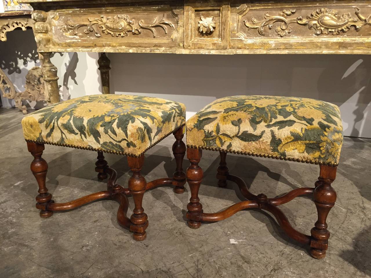 French Pair of 19th Century Walnut Wood Tabourets from France