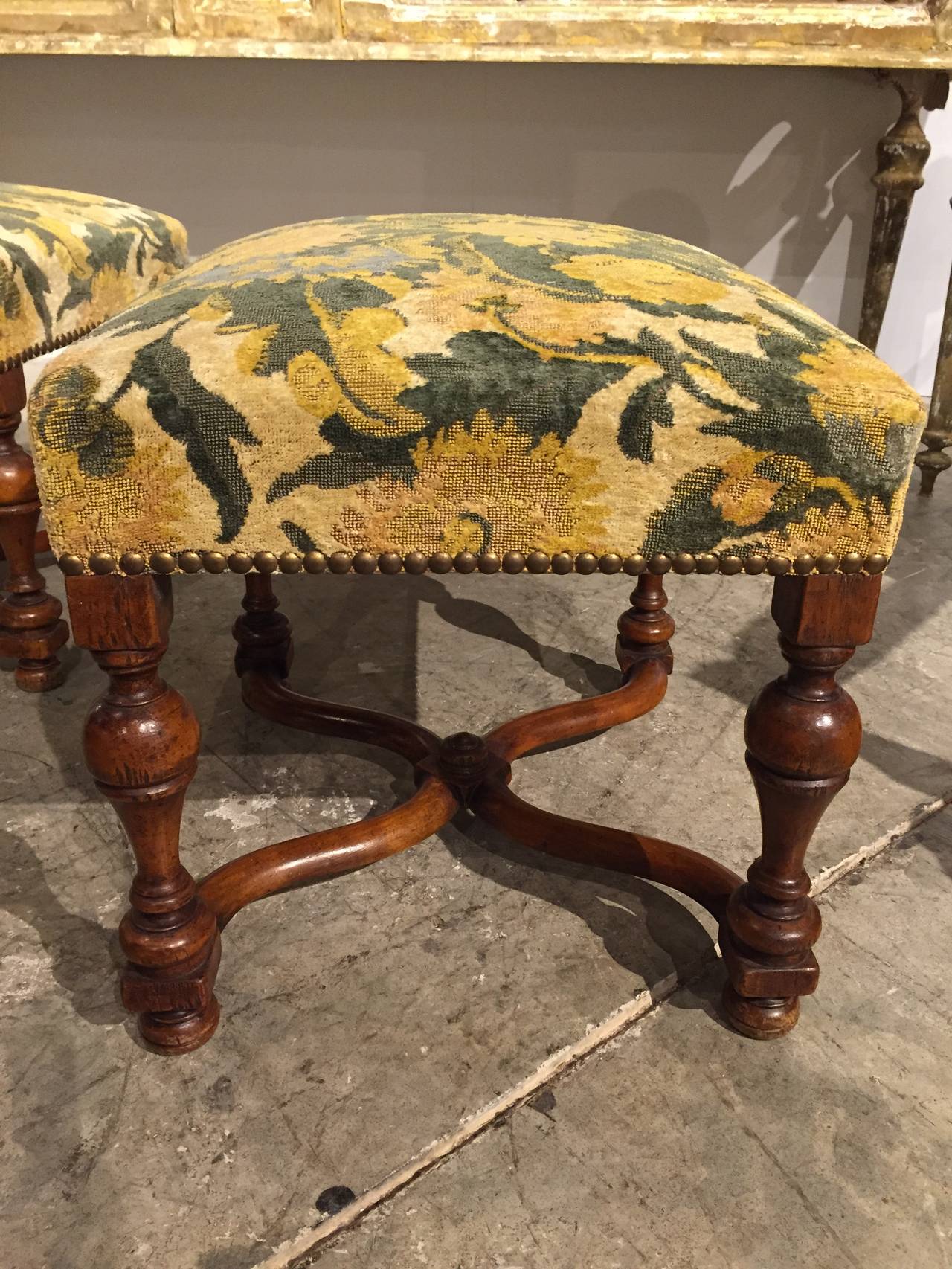 Brocade Pair of 19th Century Walnut Wood Tabourets from France