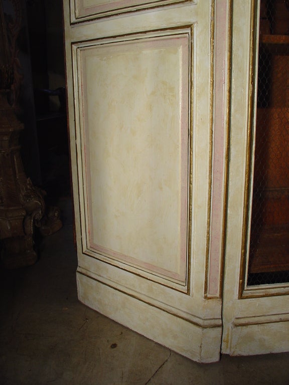 This elegant antique French painted cabinet with raised giltwood moldings and motifs most likely came from a painted boiserie (wooden paneled room).  It dates to the mid to late 1800's. It would have been used to display the owner’s objets d’art ,