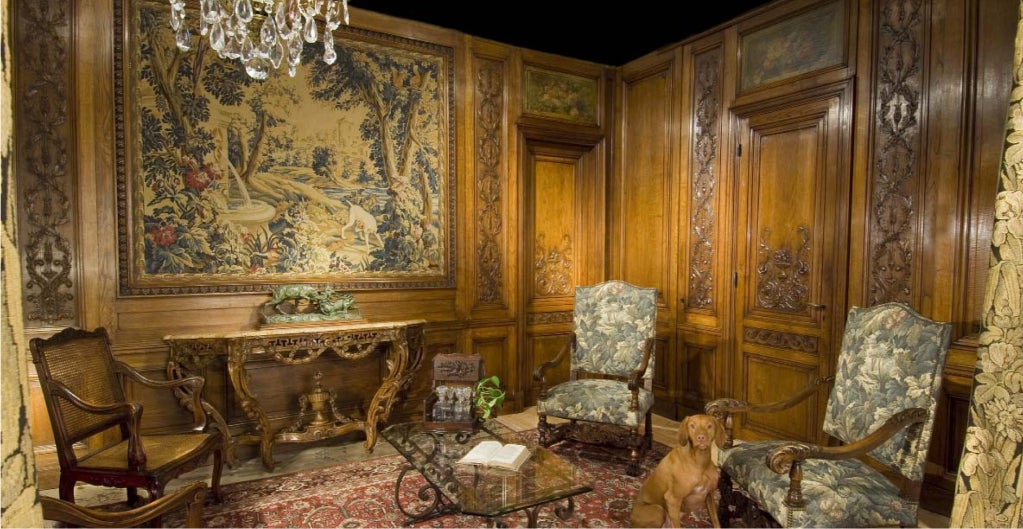 A very rare, complete set of carved oak paneling from a Haussmannien apartment, boulevard Raspail, Paris, 1880

Panels are interchangeable and can be re-configured

Boiserie or intricately carved wooden paneled rooms were very popular from the