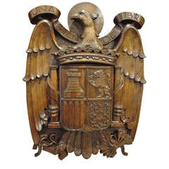 Vintage Armorial Walnut Wood Plaque from Spain