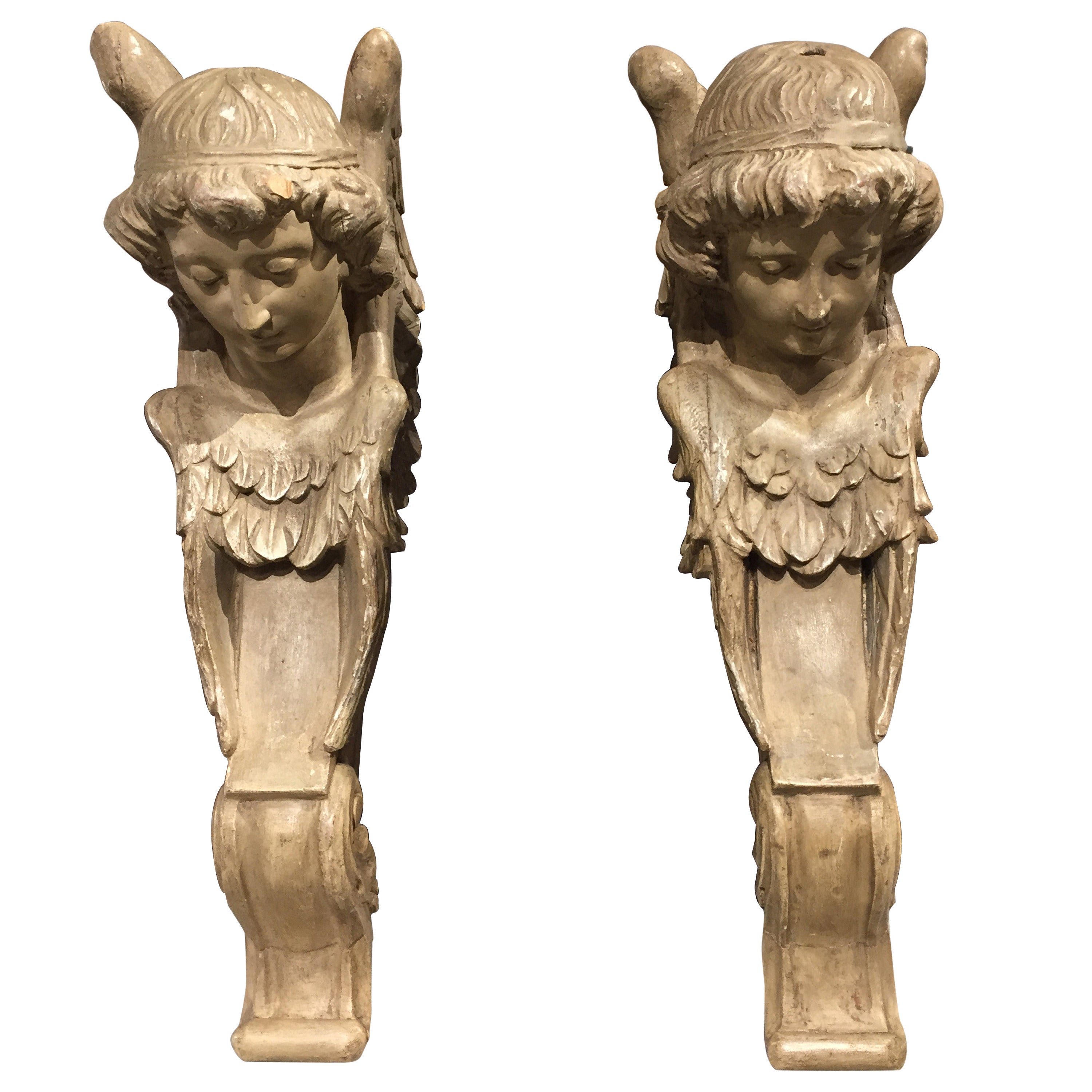 Pair of Antique French Carved and Painted Wooden Angel Sconces