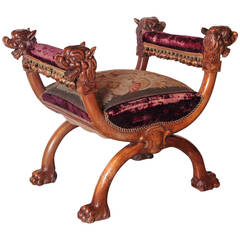 Antique Walnut Wood Curule Seat from France, circa 1880