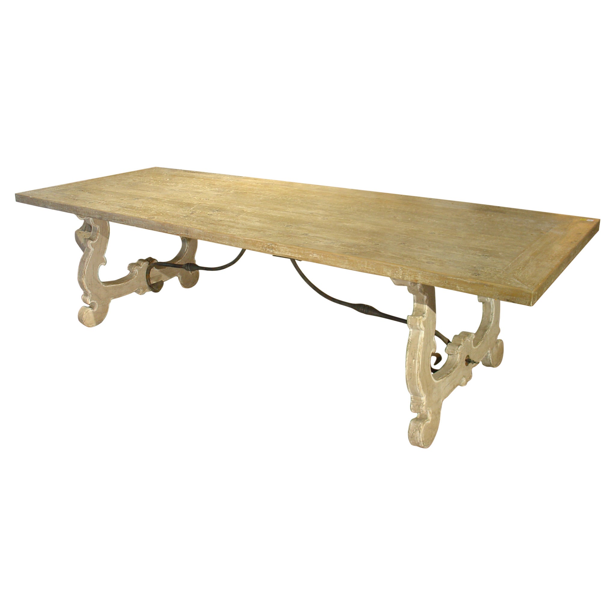 Large Italian Dining Table with Iron Stretchers and Old Planks