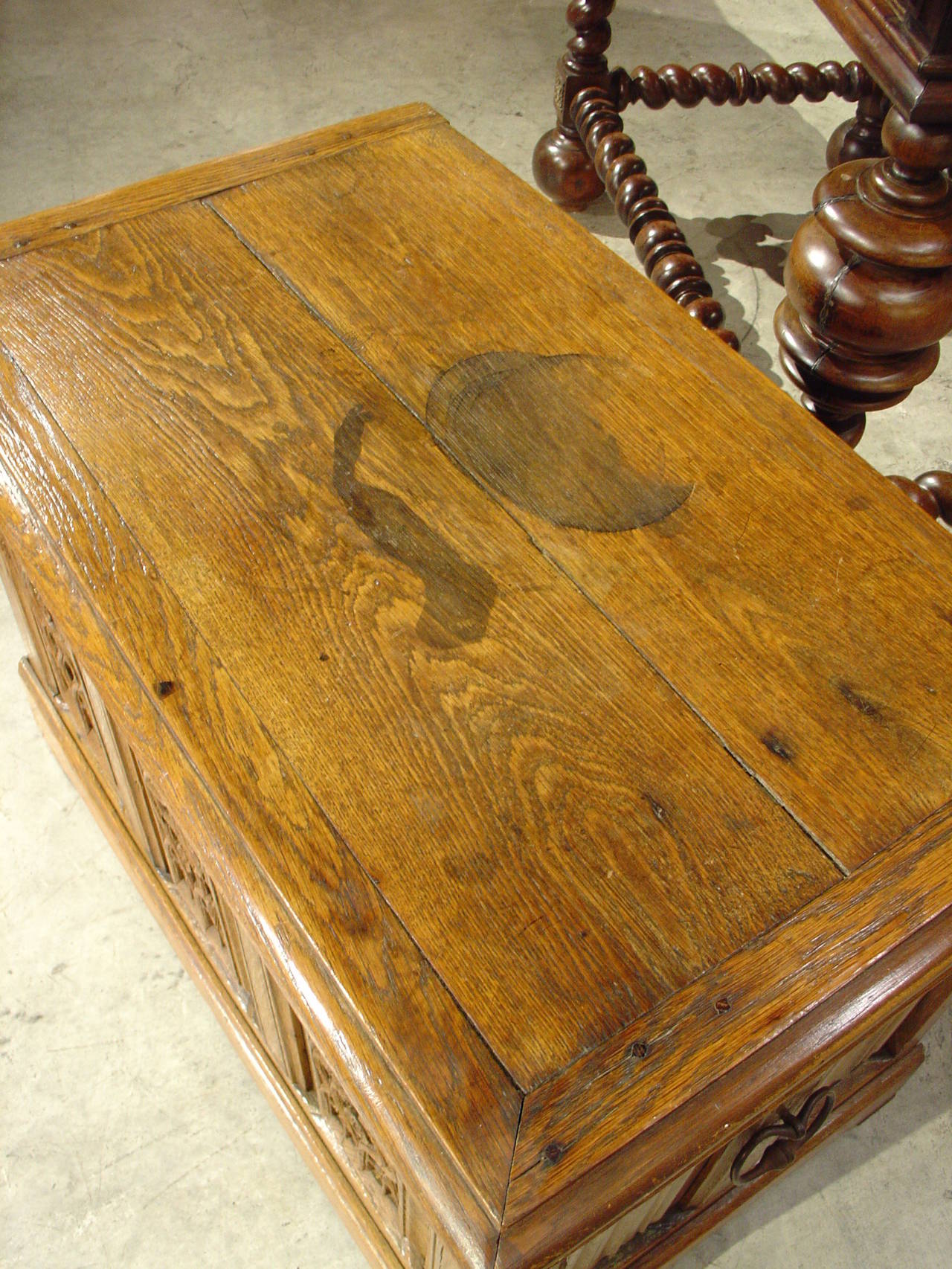 Antique Oak Gothic Trunk from France In Good Condition In Dallas, TX