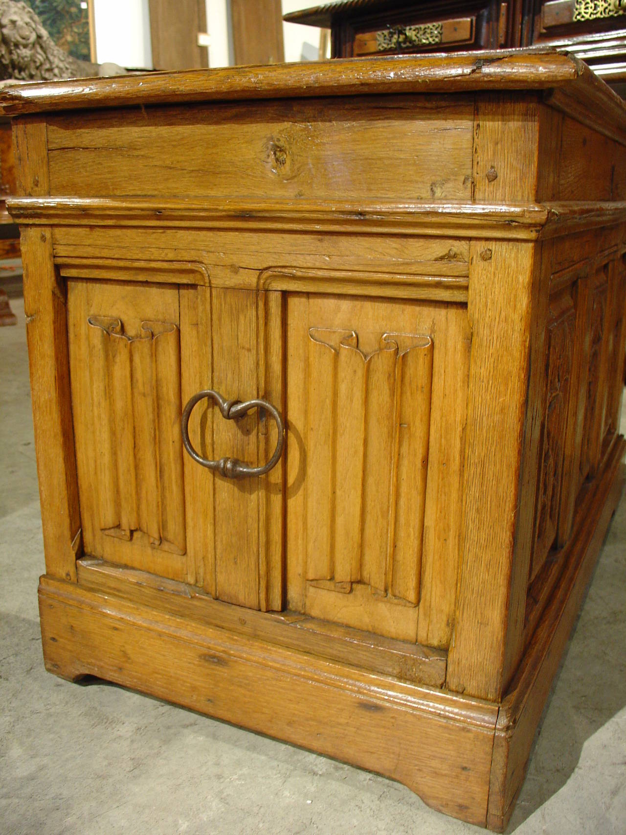Antique Oak Gothic Trunk from France 5