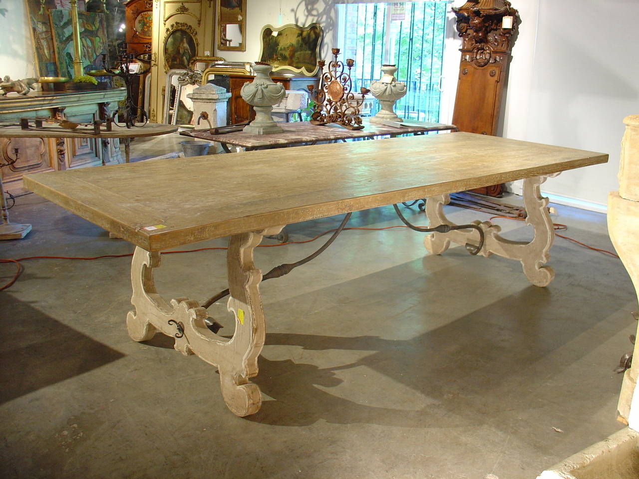 Large Italian Dining Table with Iron Stretchers and Old Planks In Excellent Condition In Dallas, TX