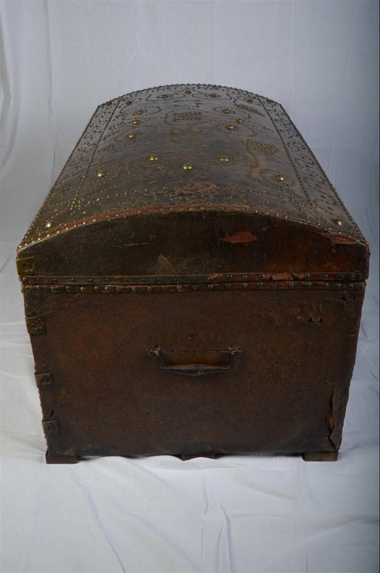 Antique Leather Bound and Studded Trunk from France 4