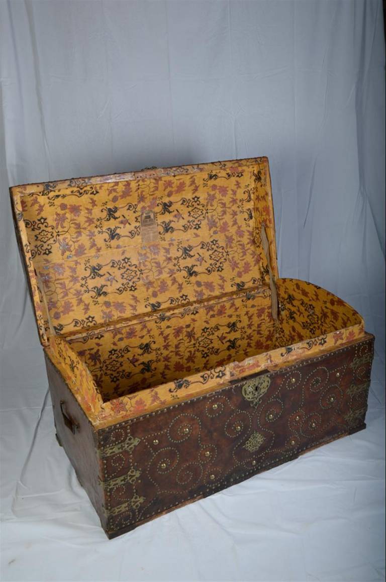 Antique Leather Bound and Studded Trunk from France 3