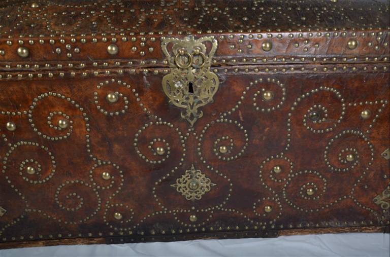 Louis XIII Antique Leather Bound and Studded Trunk from France