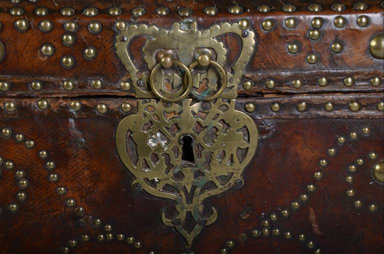 French Antique Leather Bound and Studded Trunk from France