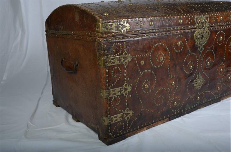 Antique Leather Bound and Studded Trunk from France In Good Condition In Dallas, TX