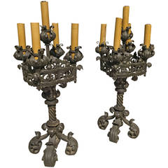 Pair of Highly Detailed French Iron Table Candelabras, circa 1910