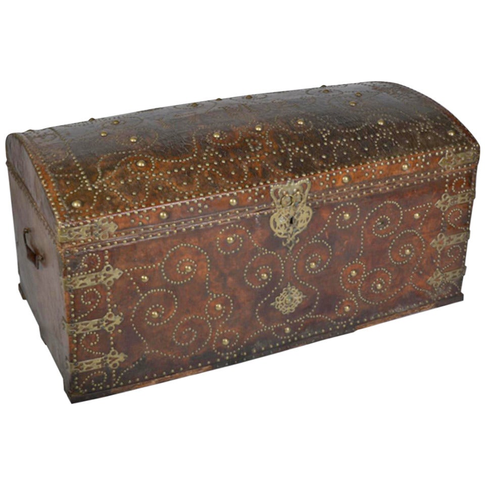 Antique Leather Bound and Studded Trunk from France