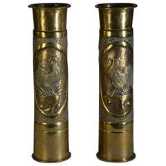 Antique Highly Worked French Bronze 'Rooster' Artillery Shells, circa 1914