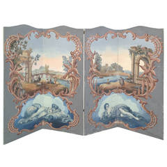 Painted Antique Canvas Screen, France, 19th Century