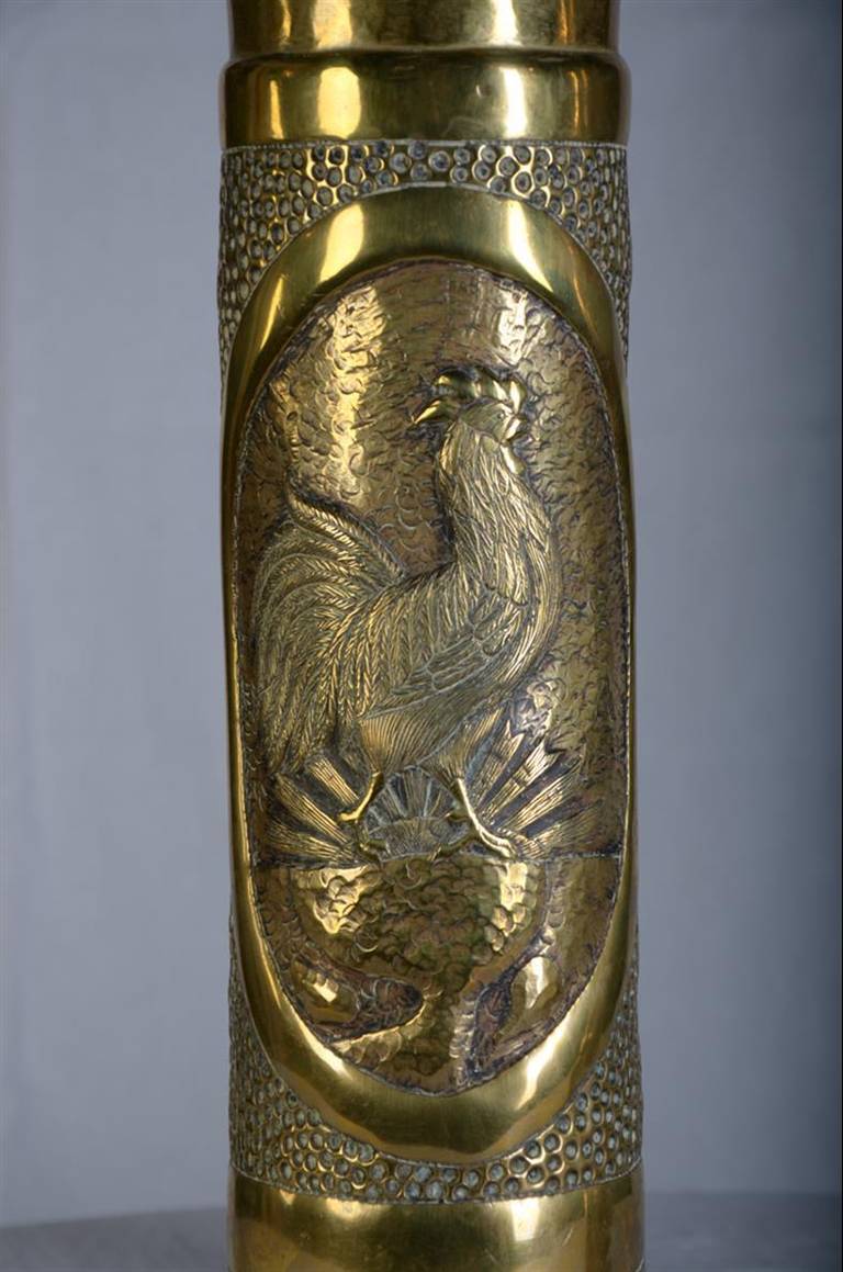 Highly Worked French Bronze 'Rooster' Artillery Shells, circa 1914 In Excellent Condition In Dallas, TX