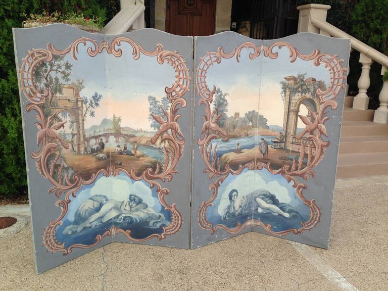 Painted Antique Canvas Screen, France, 19th Century