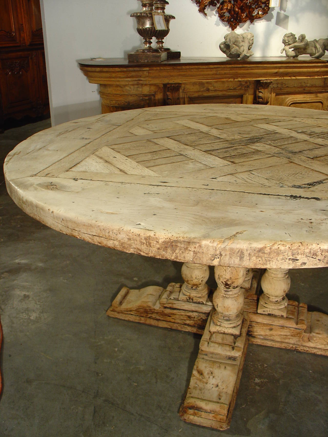 Antique Round Parquet Top Dining Table from France- Bleached Oak and Walnut 1