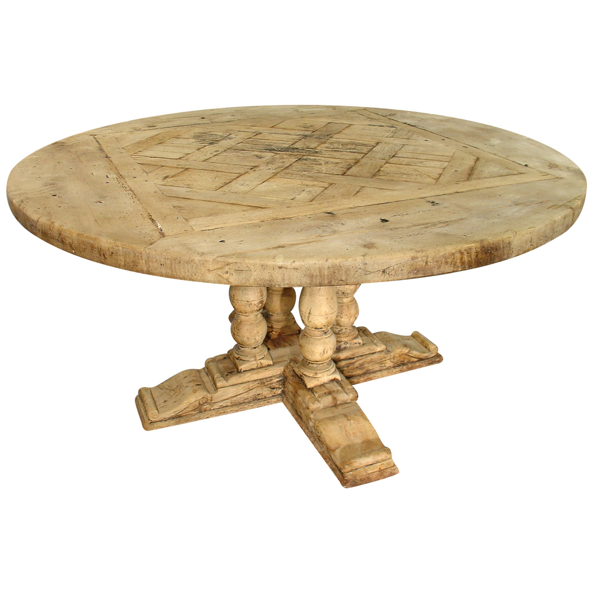 Antique Round Parquet Top Dining Table from France- Bleached Oak and Walnut