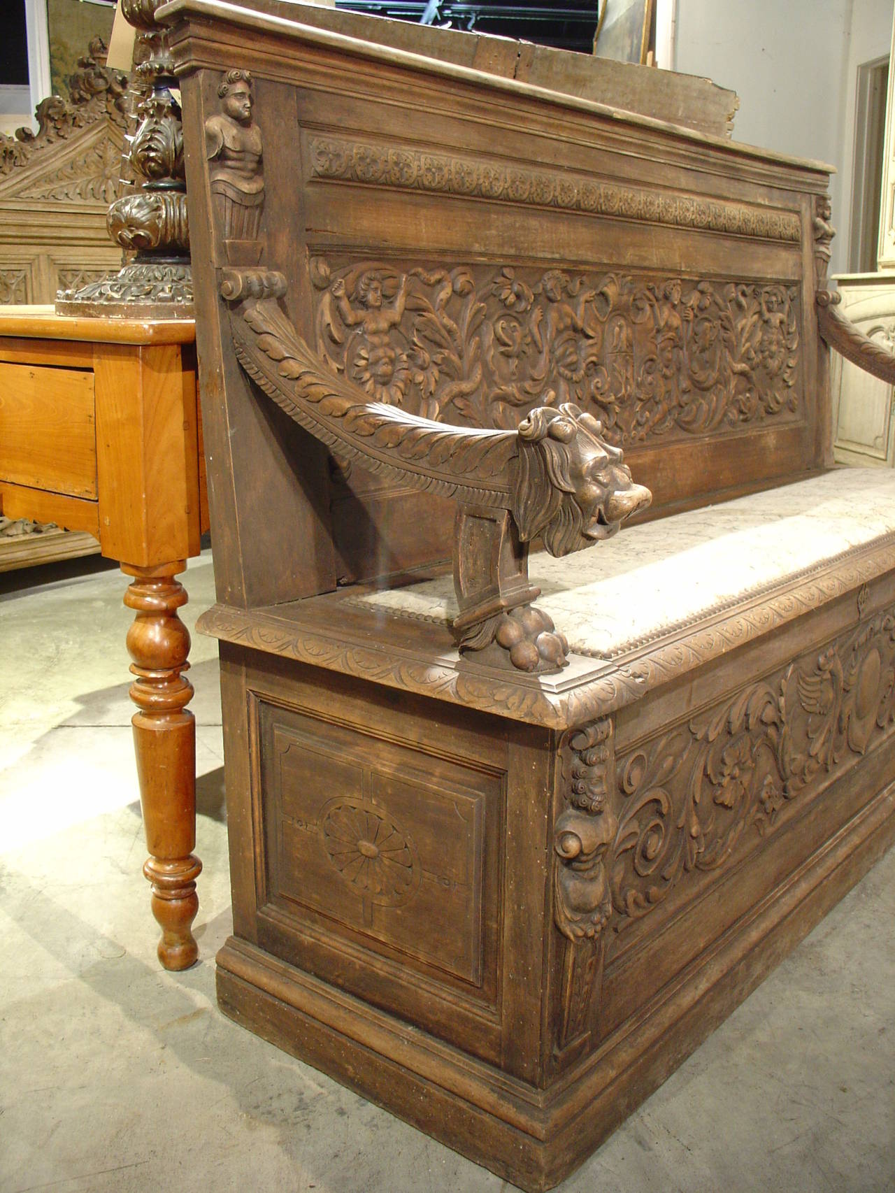 19th Century Renaissance Style Carved French Storage Bench 1