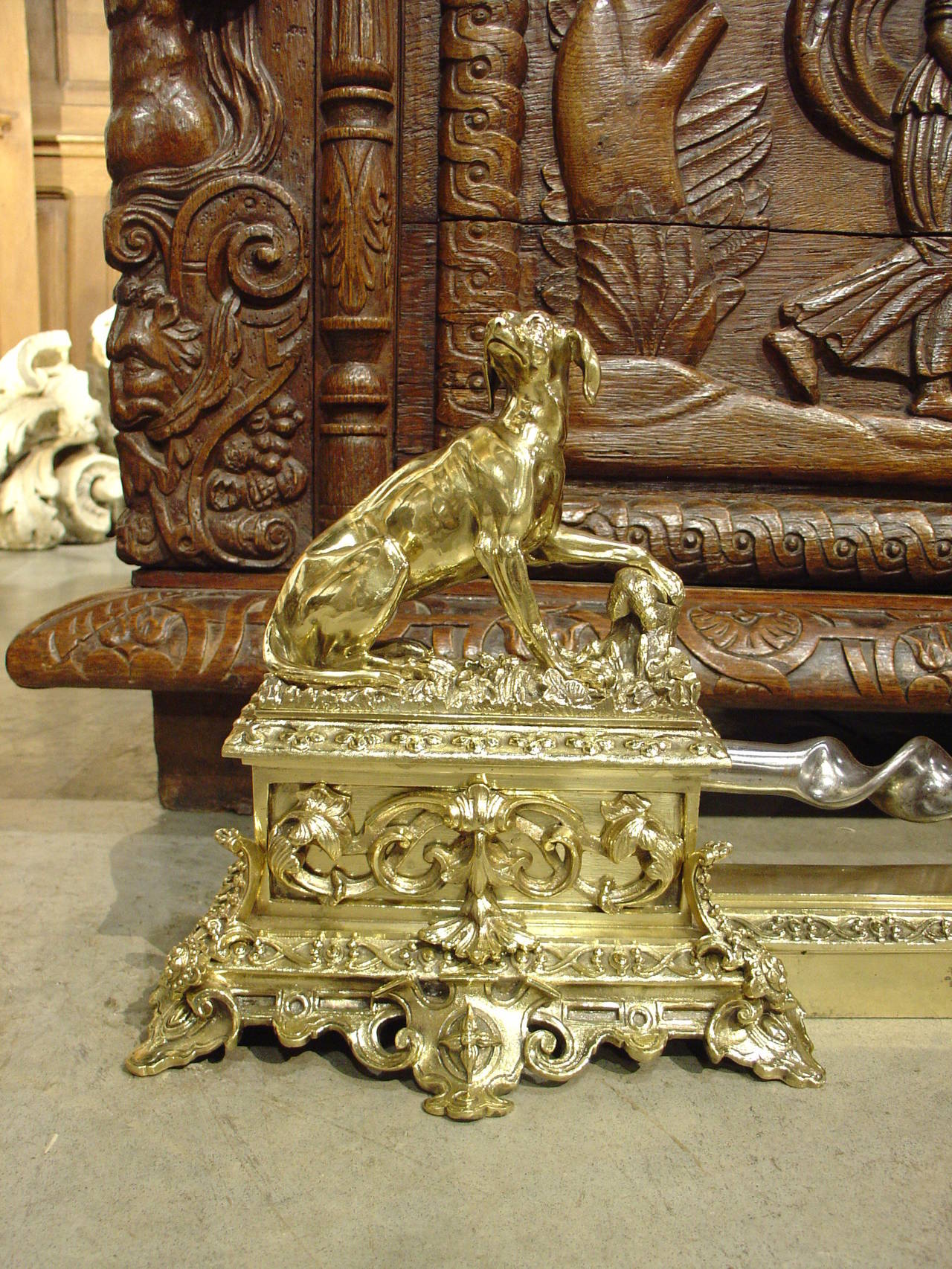 Antique Bronze and Brass Hunting Dog Fireplace Fender from France, circa 1850 3