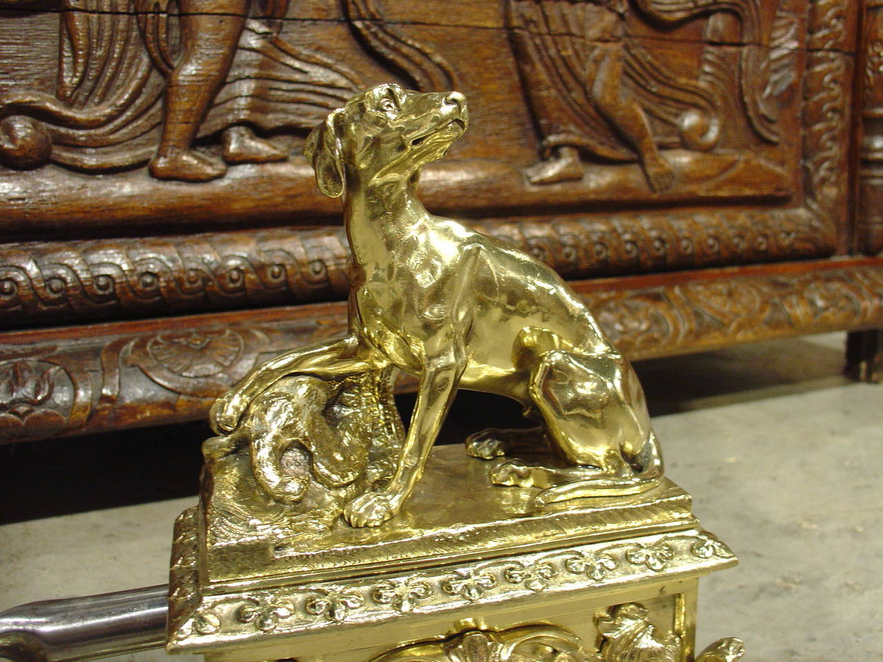 Antique Bronze and Brass Hunting Dog Fireplace Fender from France, circa 1850 4