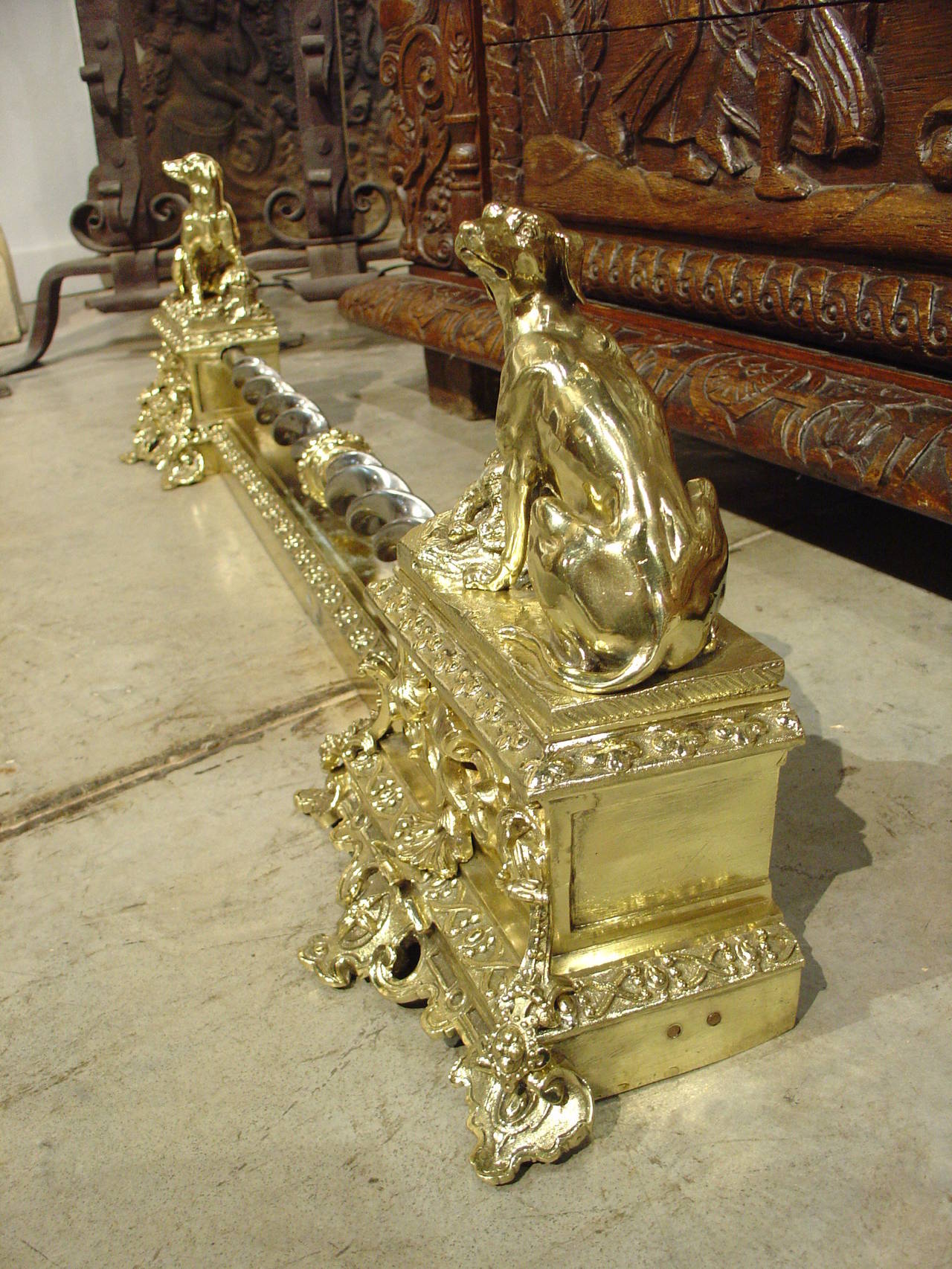 Antique Bronze and Brass Hunting Dog Fireplace Fender from France, circa 1850 2