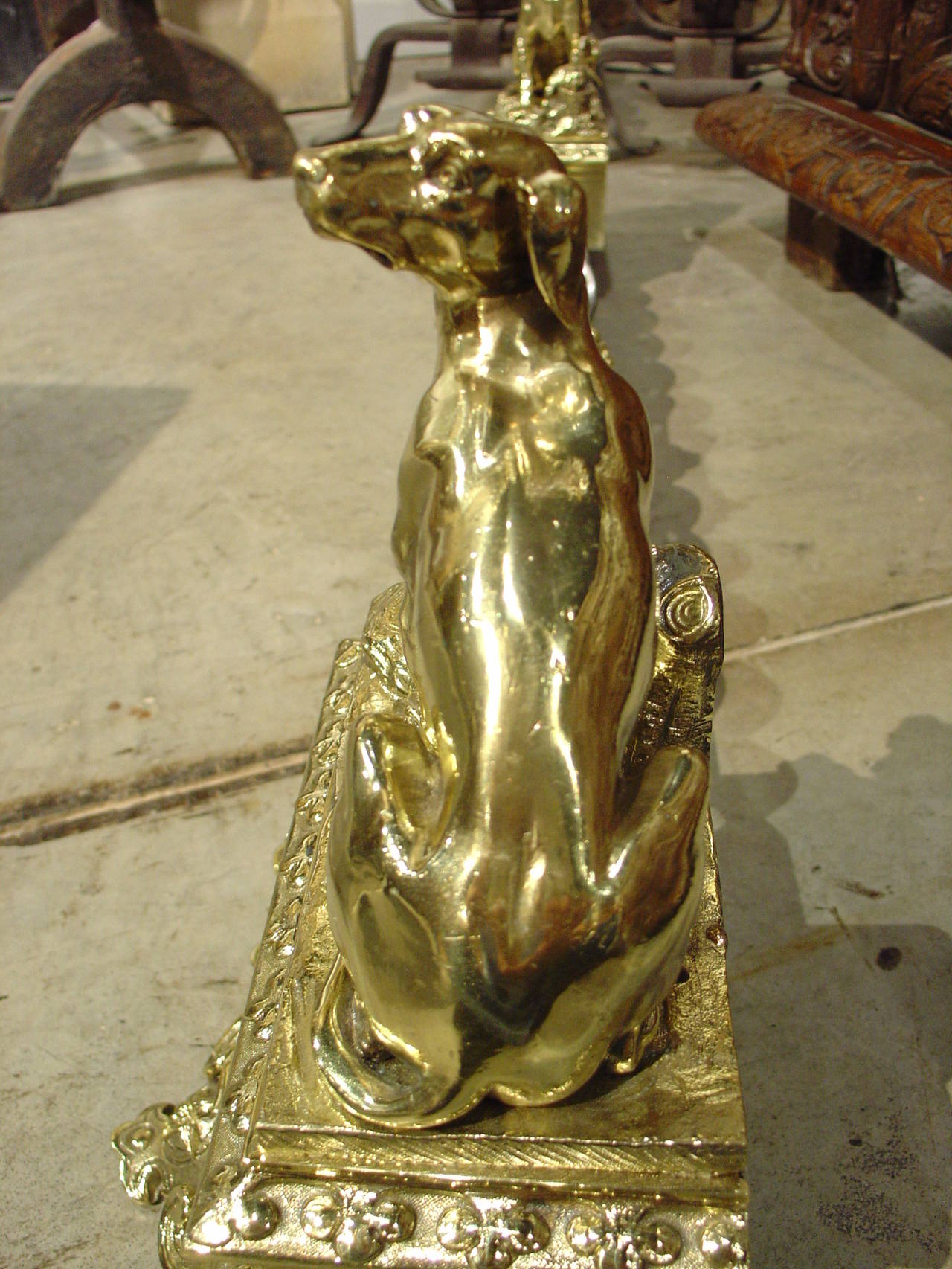 Napoleon III Antique Bronze and Brass Hunting Dog Fireplace Fender from France, circa 1850