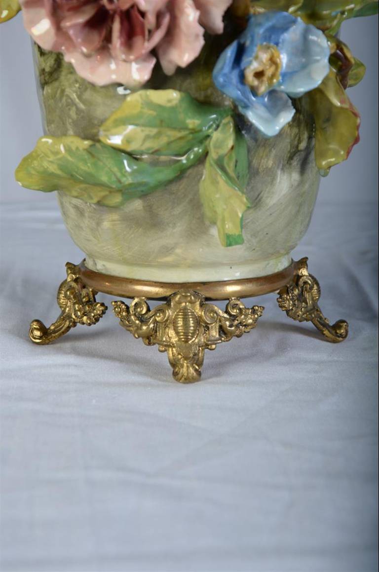 19th Century Antique French Barbotine Vase with Ormolu, circa 1880