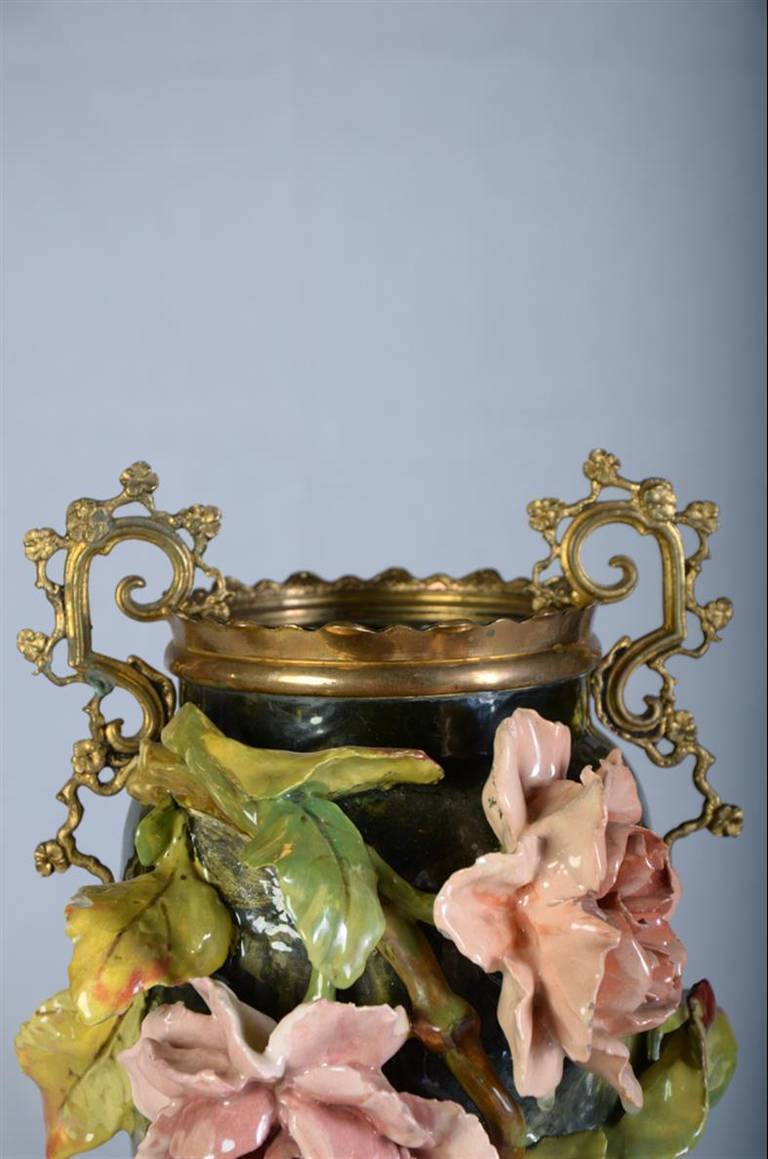 Antique French Barbotine Vase with Ormolu, circa 1880 In Good Condition In Dallas, TX