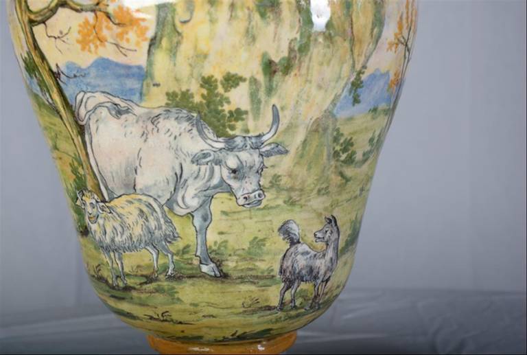 Pair of 18th Century Italian Majolica Vases with Genre Scenes In Fair Condition In Dallas, TX