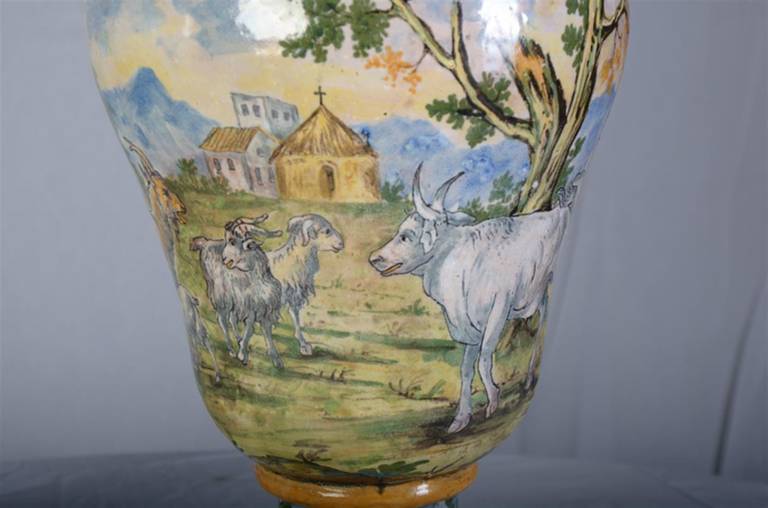 18th Century and Earlier Pair of 18th Century Italian Majolica Vases with Genre Scenes