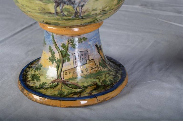 Pair of 18th Century Italian Majolica Vases with Genre Scenes 1
