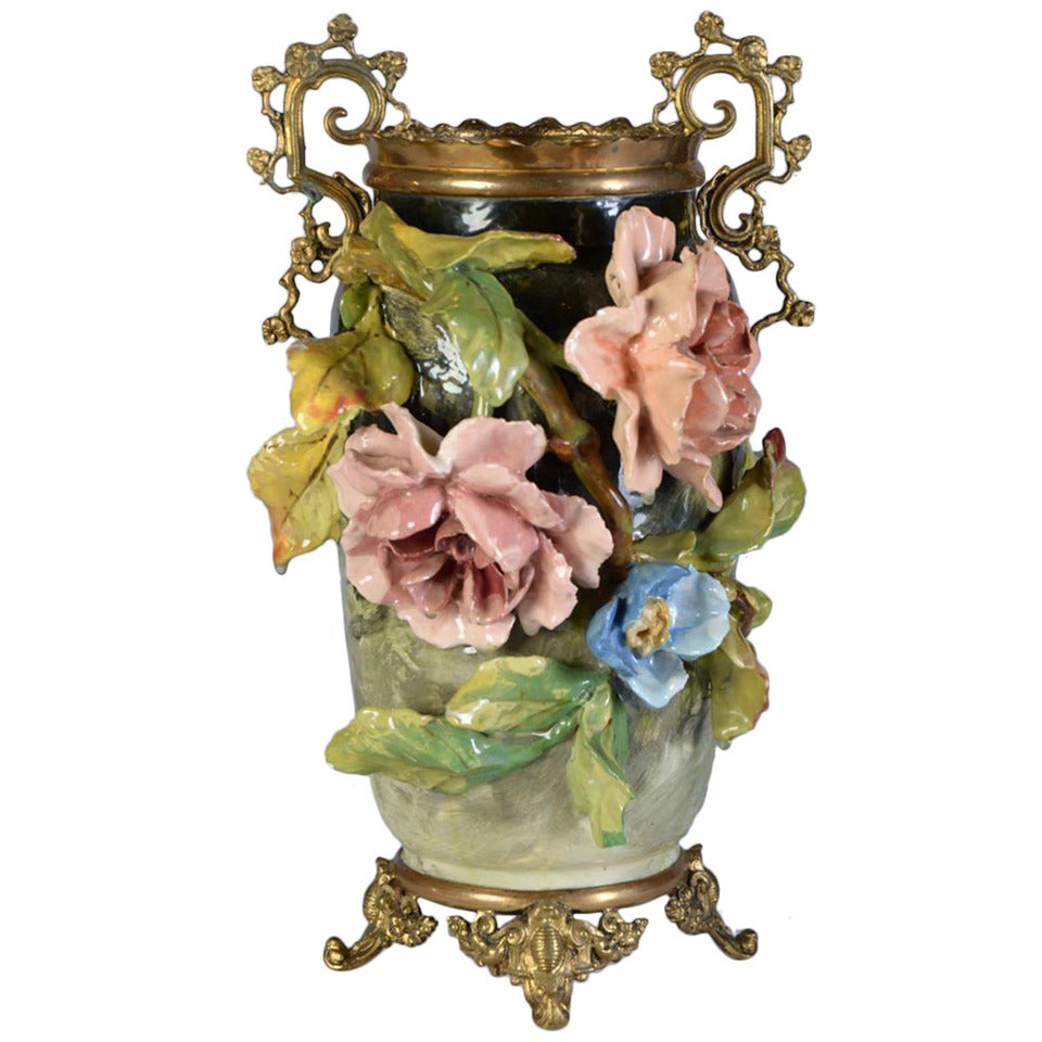 Antique French Barbotine Vase with Ormolu, circa 1880