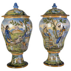 Antique Pair of 18th Century Italian Majolica Vases with Genre Scenes