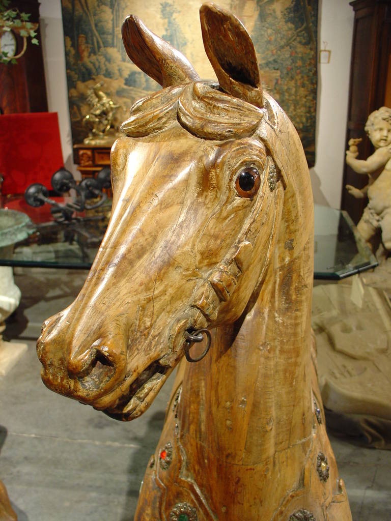 Folk Art Rare Pair of 19th Century European Carousel Horse Sculptures